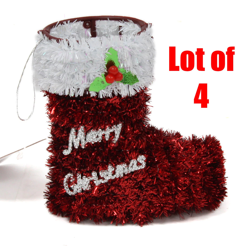4 Lot | 5" Tinsel Christmas Holiday Stocking Hangable Ornament