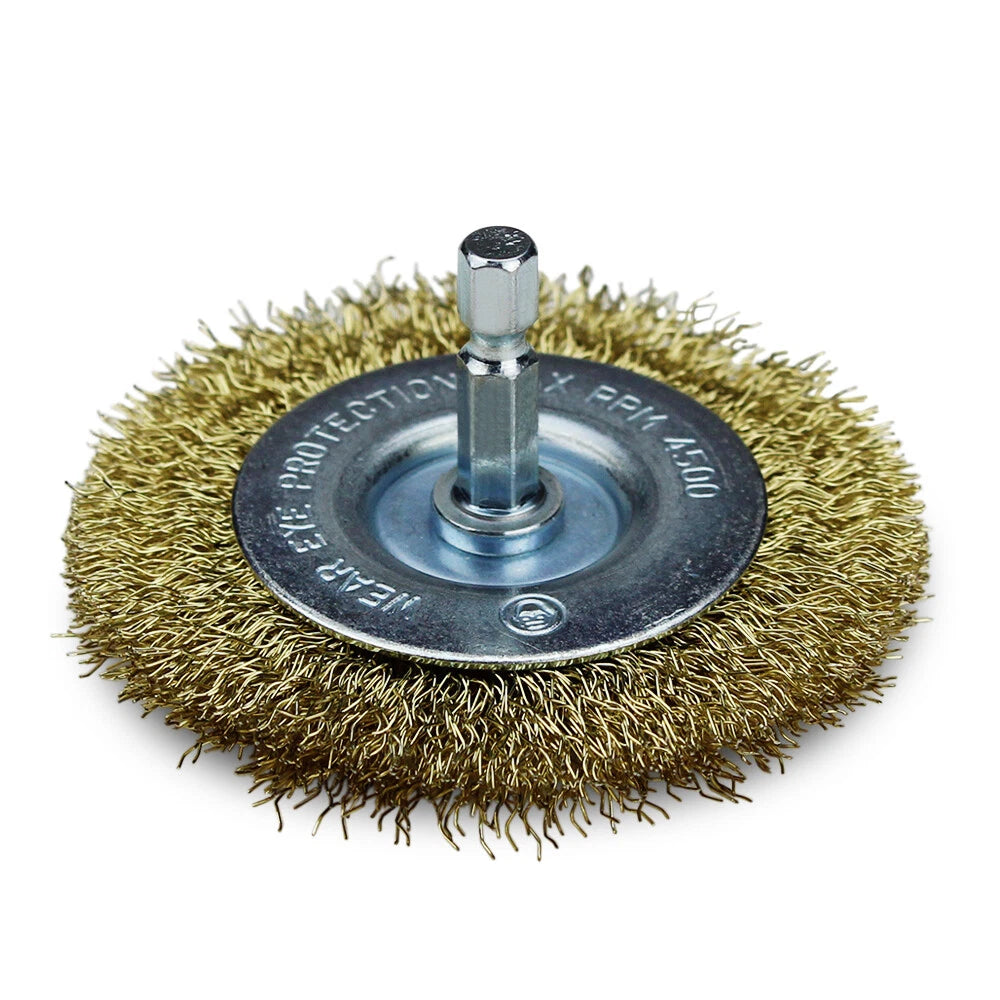 3" Crimped Wire Wheel Brush Brass Coated 1/4" Hex Shank for Die Grinder or Drill