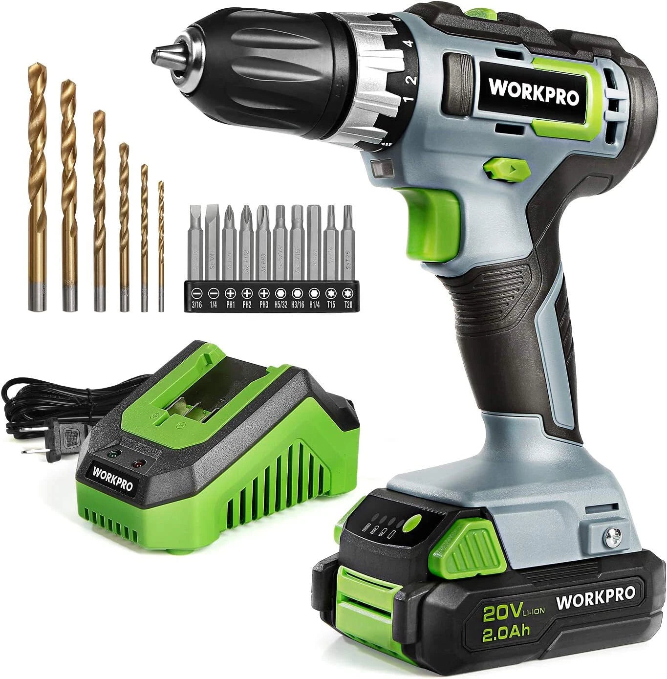 WORKPRO 20V 3/8'' Cordless Drill Driver Kit 2.0 Ah Li-ion Battery 1 Hour Charger