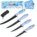 FLISSA 4PCS 5"/6"/7"/9" Fillet Knives Set w/Sharpener Protective Sheath Roll Bag
