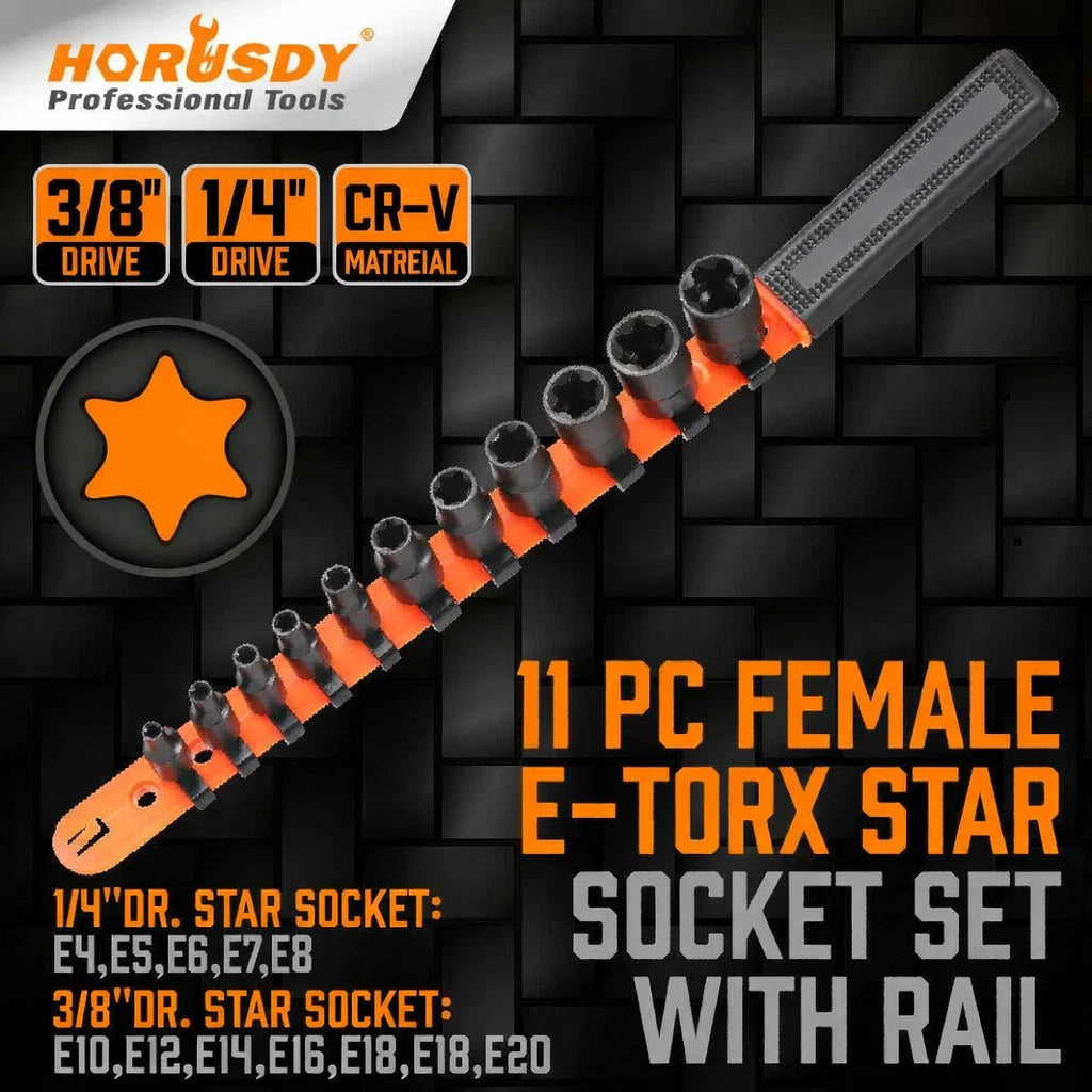 11PC Female E-TORX Star Socket Set External E4-E20 Torque 3/8" 1/4" Dr. &amp; Rail