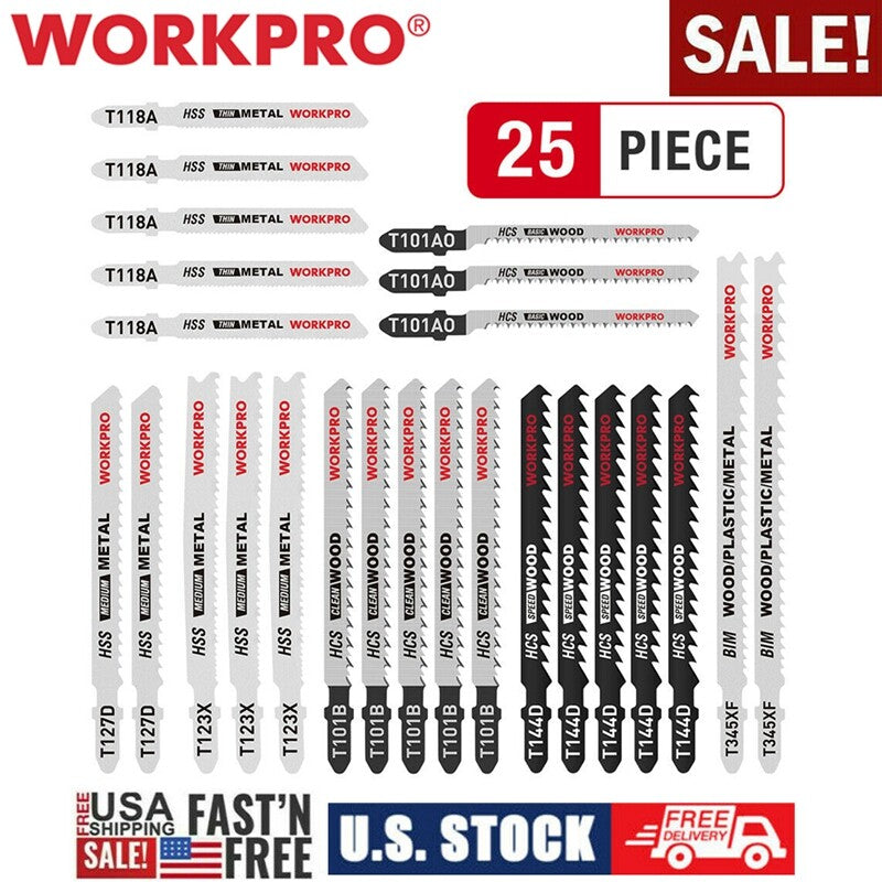 WORKPRO 25PC T-Shank Jig Saw Blade Set Made with HCS/HSS/BIM Assorted