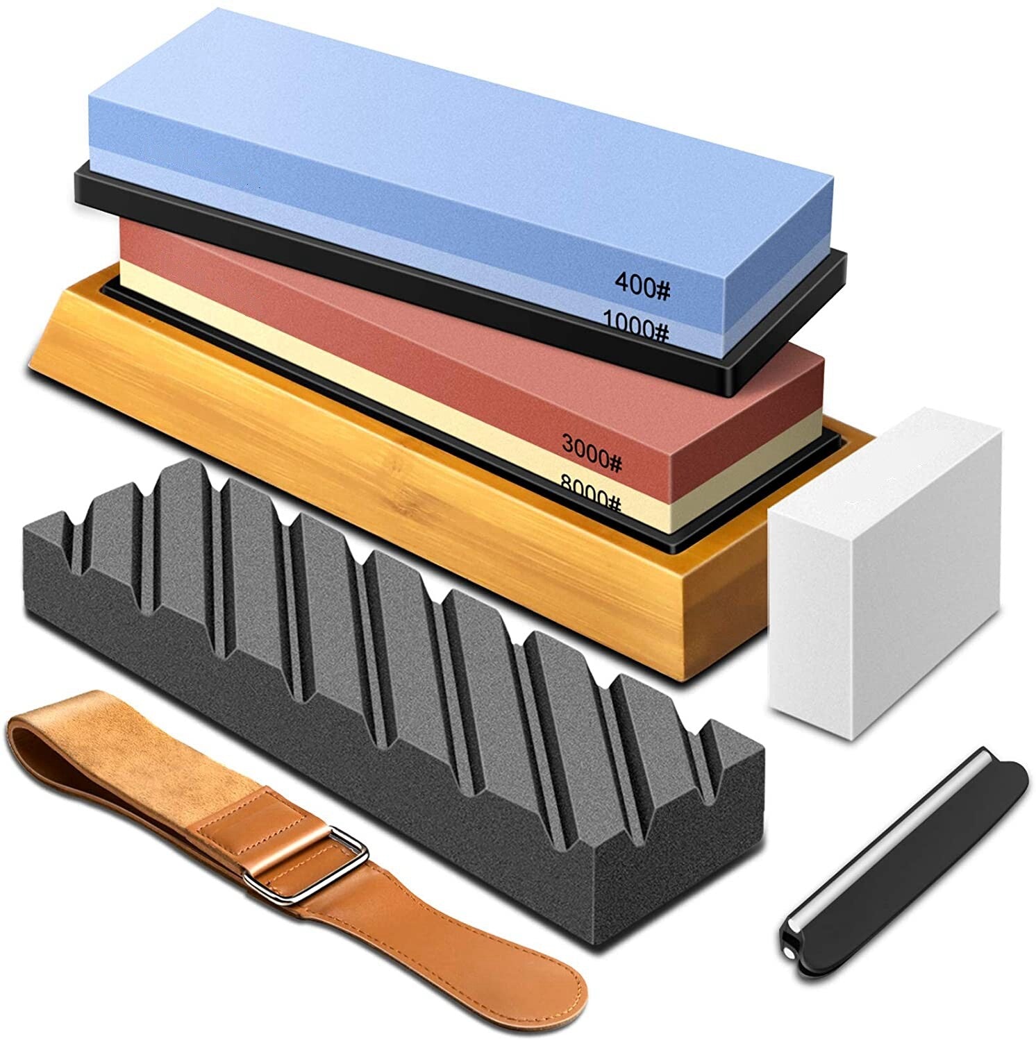 9PCS Knife Sharpening Stone Kit Dual Whetstone 400 1000 3000 8000 Grit