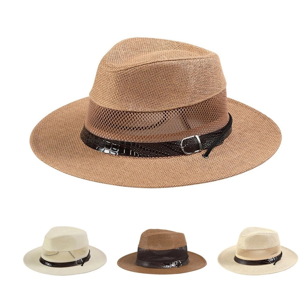 Men's Summer Hollow Mesh Straw Hat Wide Brim For Outdoor Beach Sun