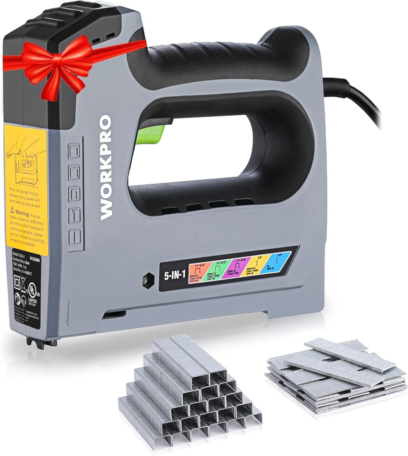 WORKPRO 5 in 1 Electric Staple Gun 110V Corded Brad Nailer Gun 2000 Staple Nails