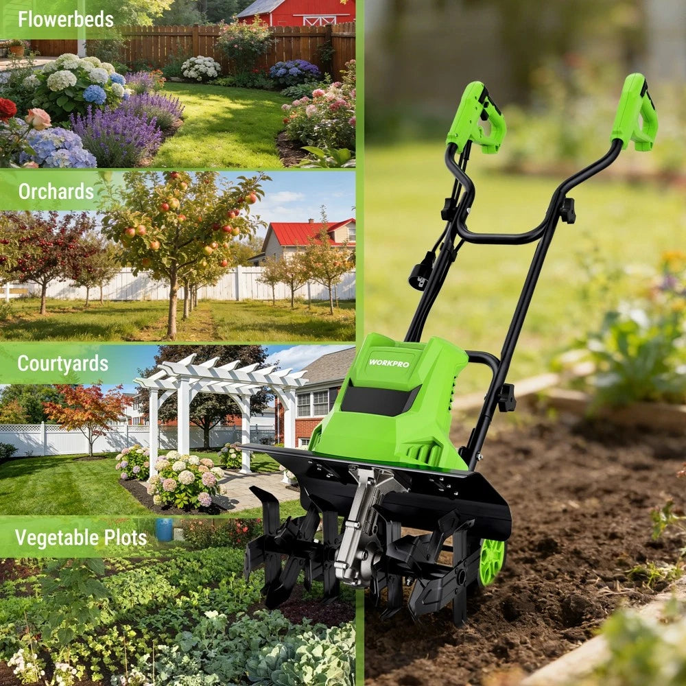 WORKPRO 1500W Electric Tiller 12.5A Corded Cultivator w/6 Steel Tines 16"Wx8.7"D