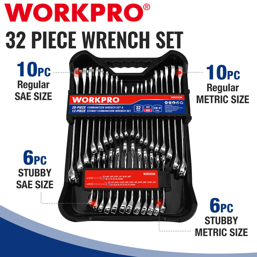 WORKPRO 32PC Combination Wrench Set SAE Metric 12PT Regular Stubby
