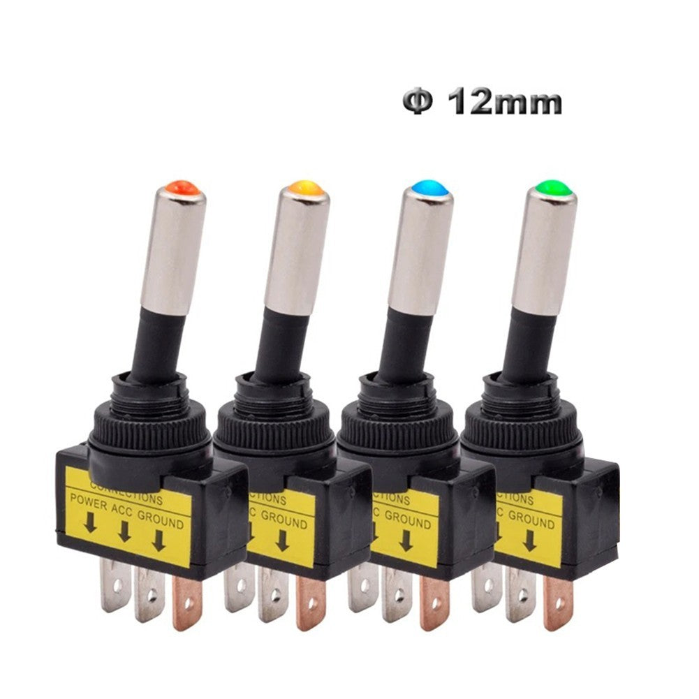 12mm Automotive LED Toggle Switch - SPST 3 Pin 12V/24V