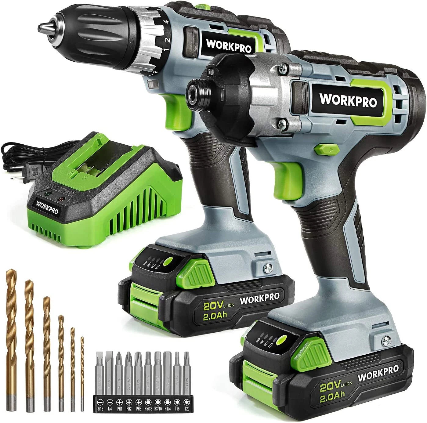 20V Cordless Drill Combo Kit Drill Driver&impact Driver 2x 2.0ah