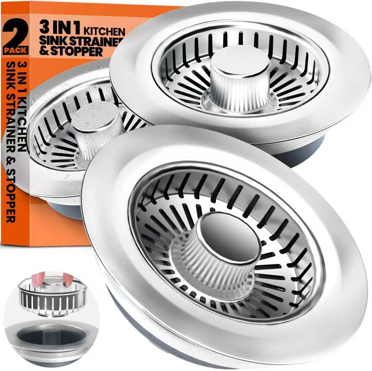 Kitchen Sink Drain Strainer & Sink Stopper, Upgraded 3 in 1 Stainless