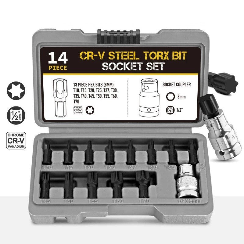 14pc Torx Star Key 1/2" Dr Socket Bits Set