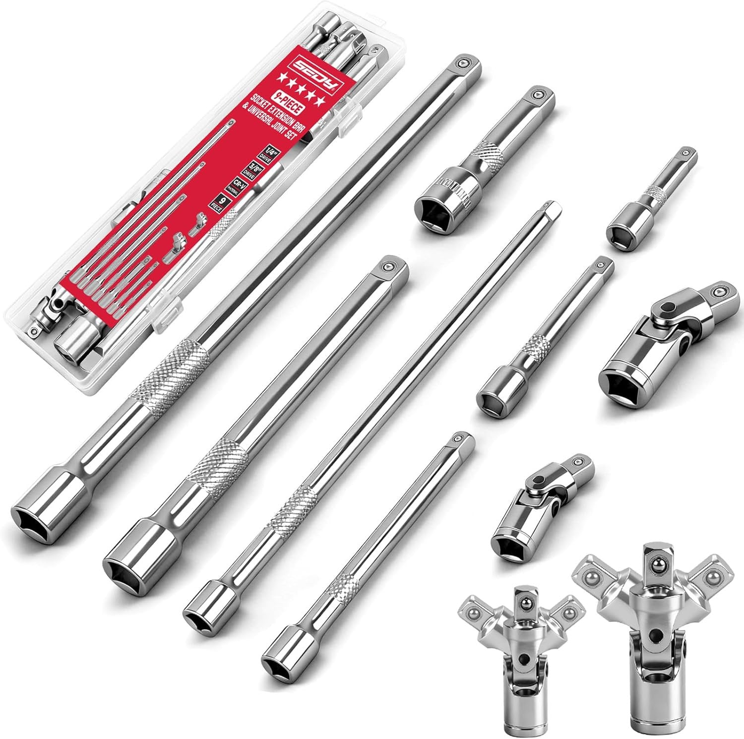 9-Piece Socket Extension Bar Set, 1/4" & 3/8" Drive Ratchet Extensions