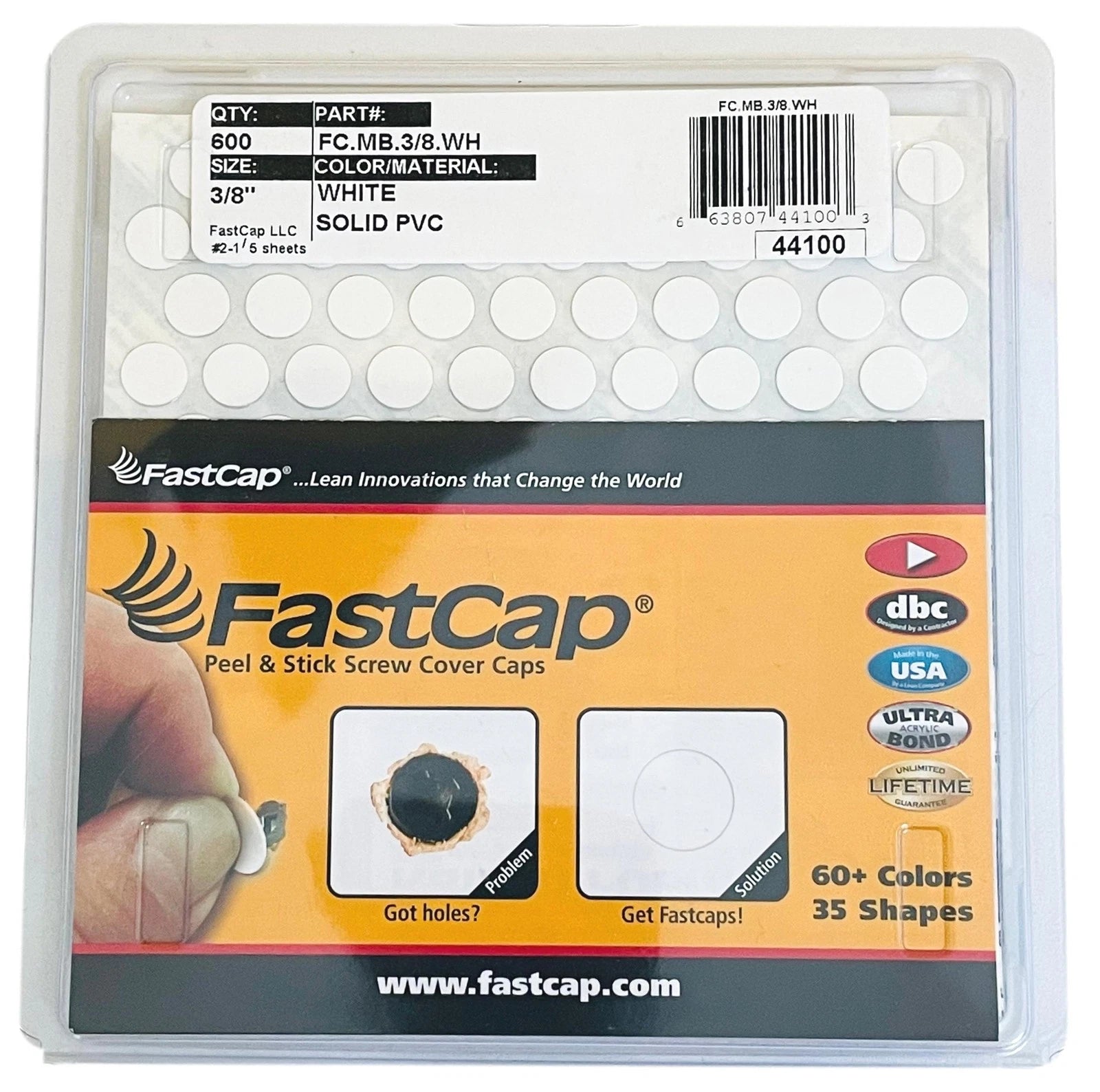 Fastcap Peel &amp; Stick White Screw Cover Caps PVC 9mm (3/8") x 600
