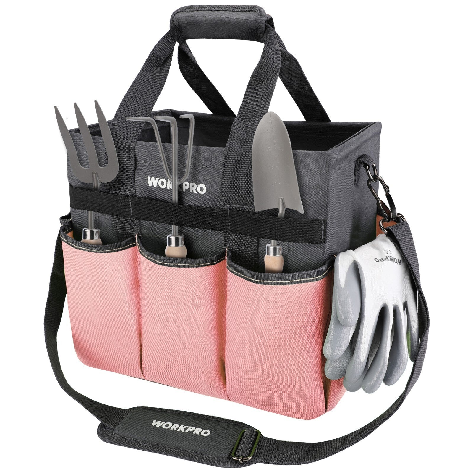WORKPRO Garden Tool Bag, Heavy Duty with 10 Pockets Pink with Shoulder Strap