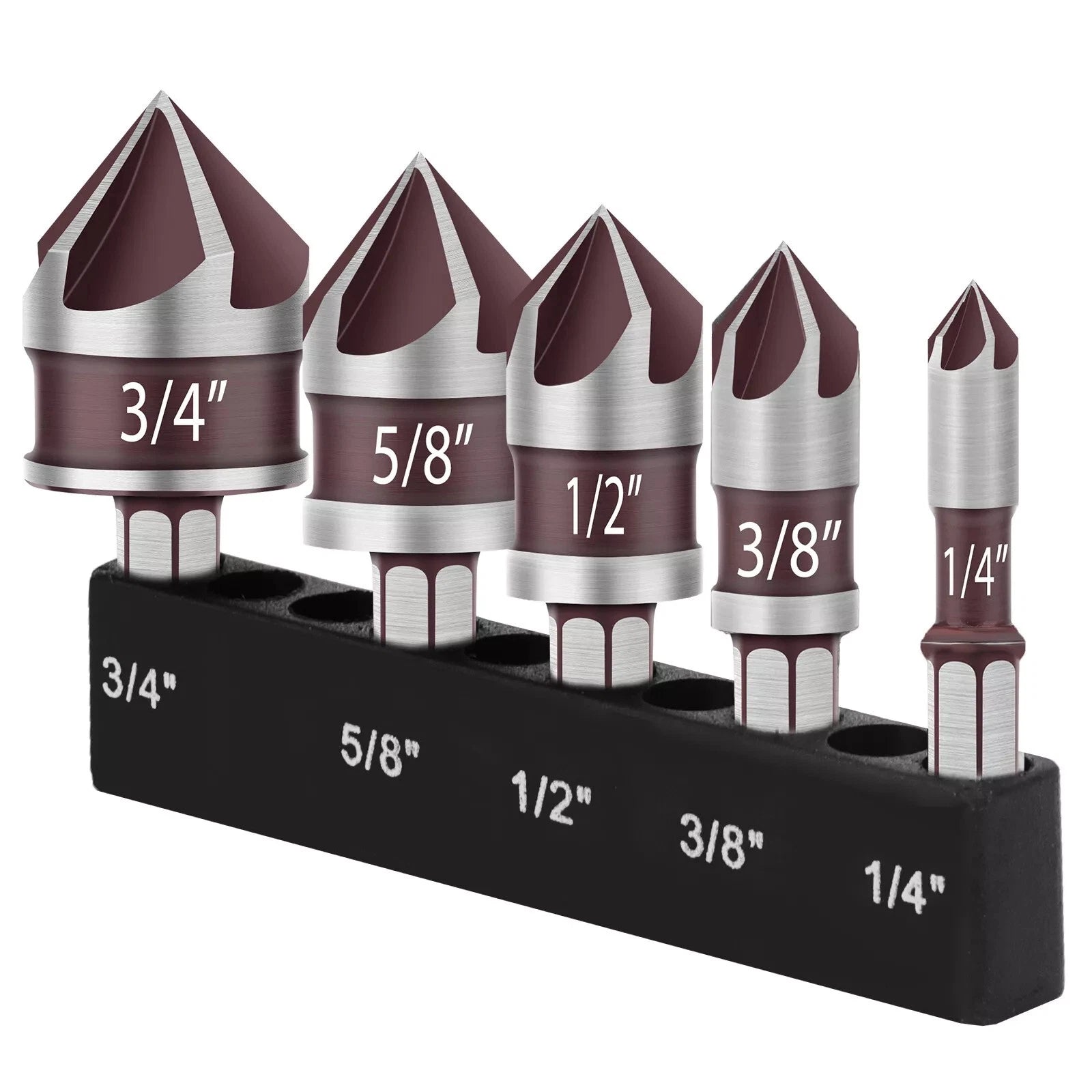 5-size Hex Shank Countersink, Cobalt M35 Hss 5-flute 82°