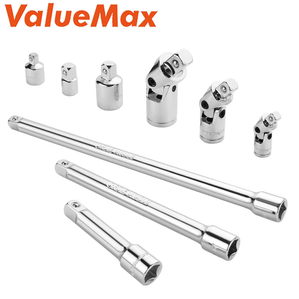 VALUEMAX 9PC Socket Accessory Set 1/4" 3/8" 1/2" Dr Joints 3/8" Dr