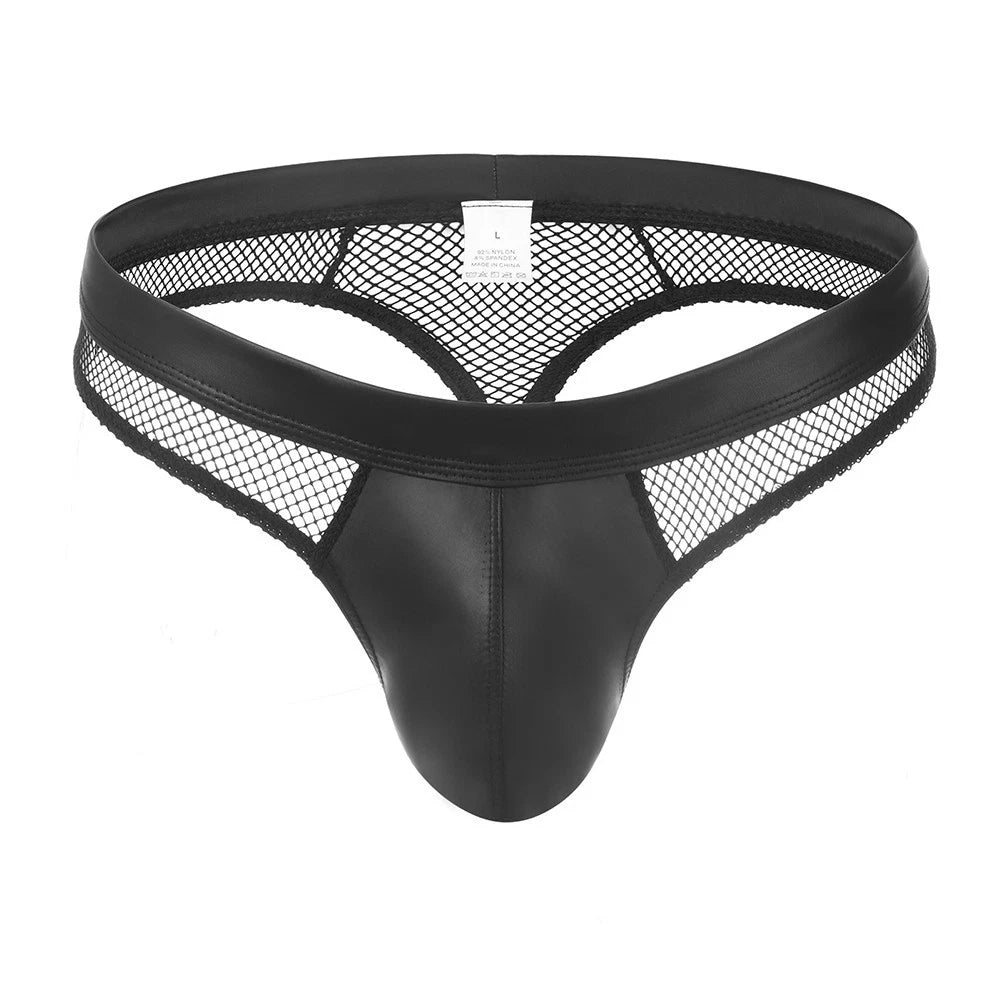 Low Rise Men Mesh Sheer Underpants With Hollow Design And Leather