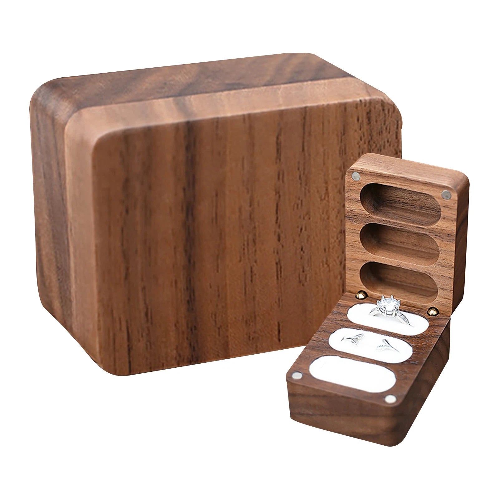 Wooden Engagement Ring Storage Box Small Slim Flat Jewelry Case For