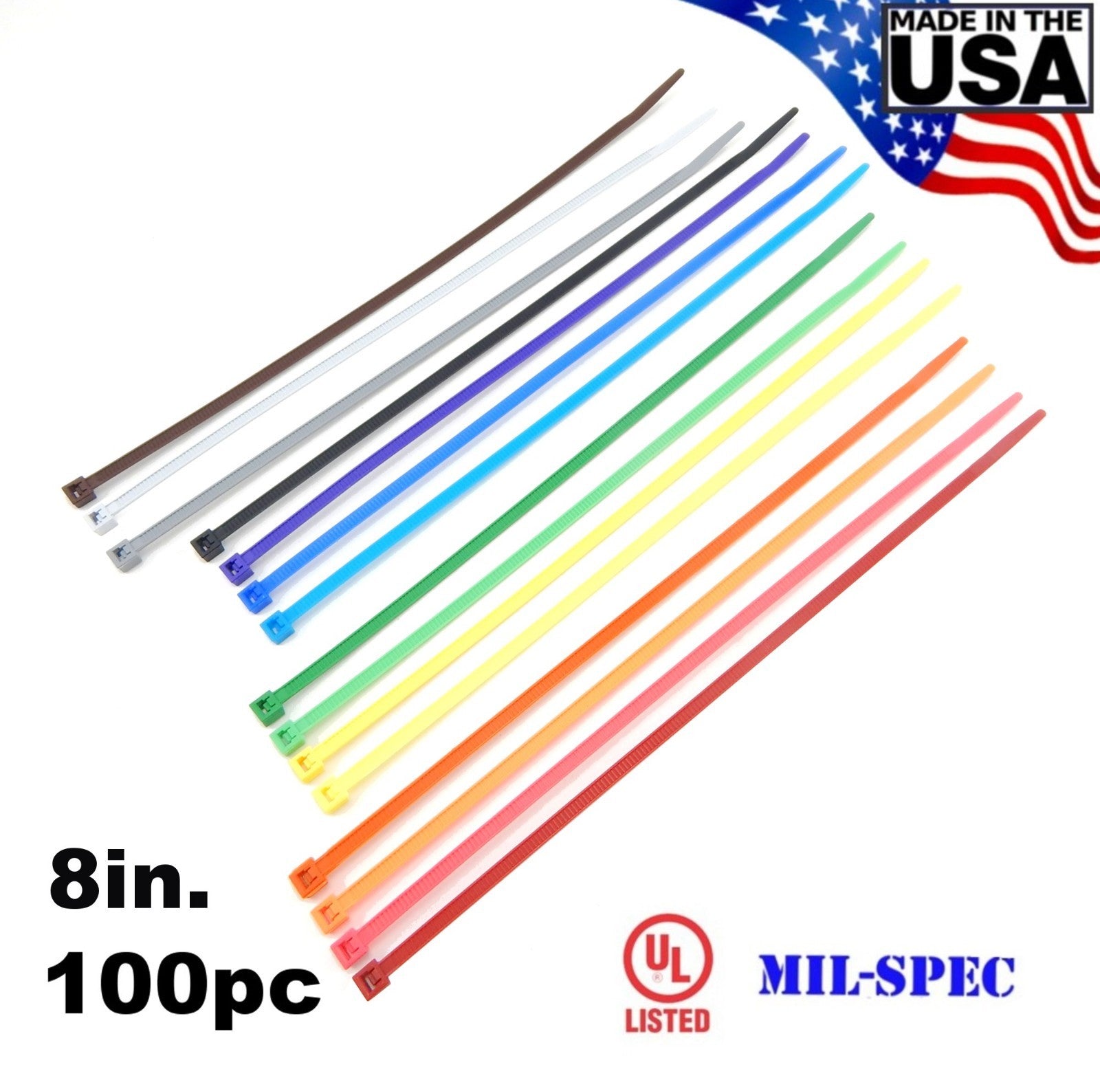 Color Zip Cable Ties 8" 40lbs 100pc