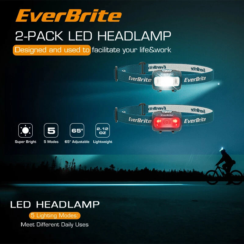 EverBrite LED Headlamp 2-PACK 5 Lighting Modes Flashlight Super Bright Head Lamp