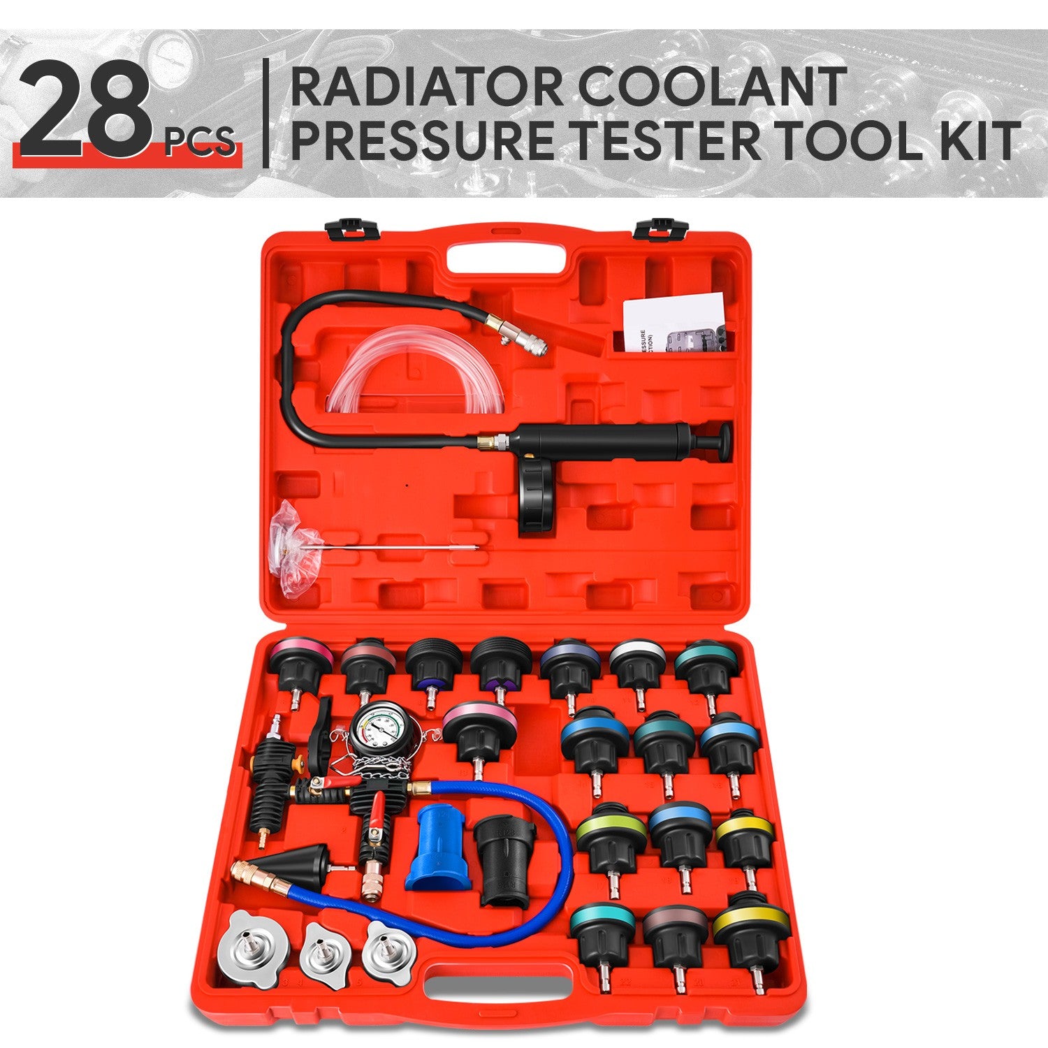 Red 28Pcs Cooling System Radiator Pressure Testing Pump with Hose Car