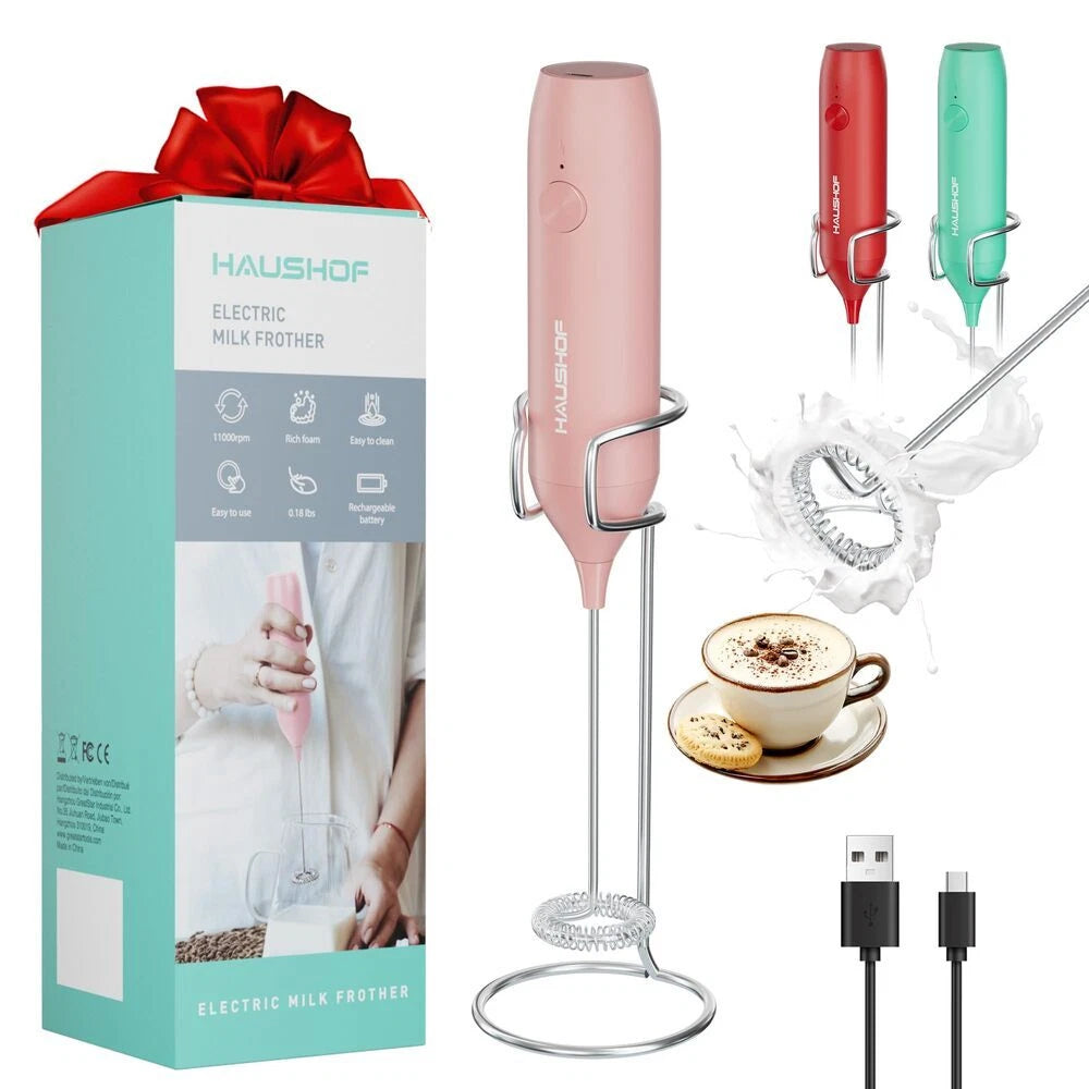 Haushof Rechargeable Milk Frother Wand W/stand Electric Foam Makers