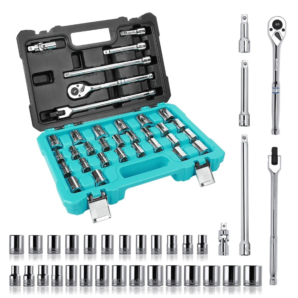 Duratech 1/2" Dr Socket Set Metric/sae Ratchet Breaker Bar Socket