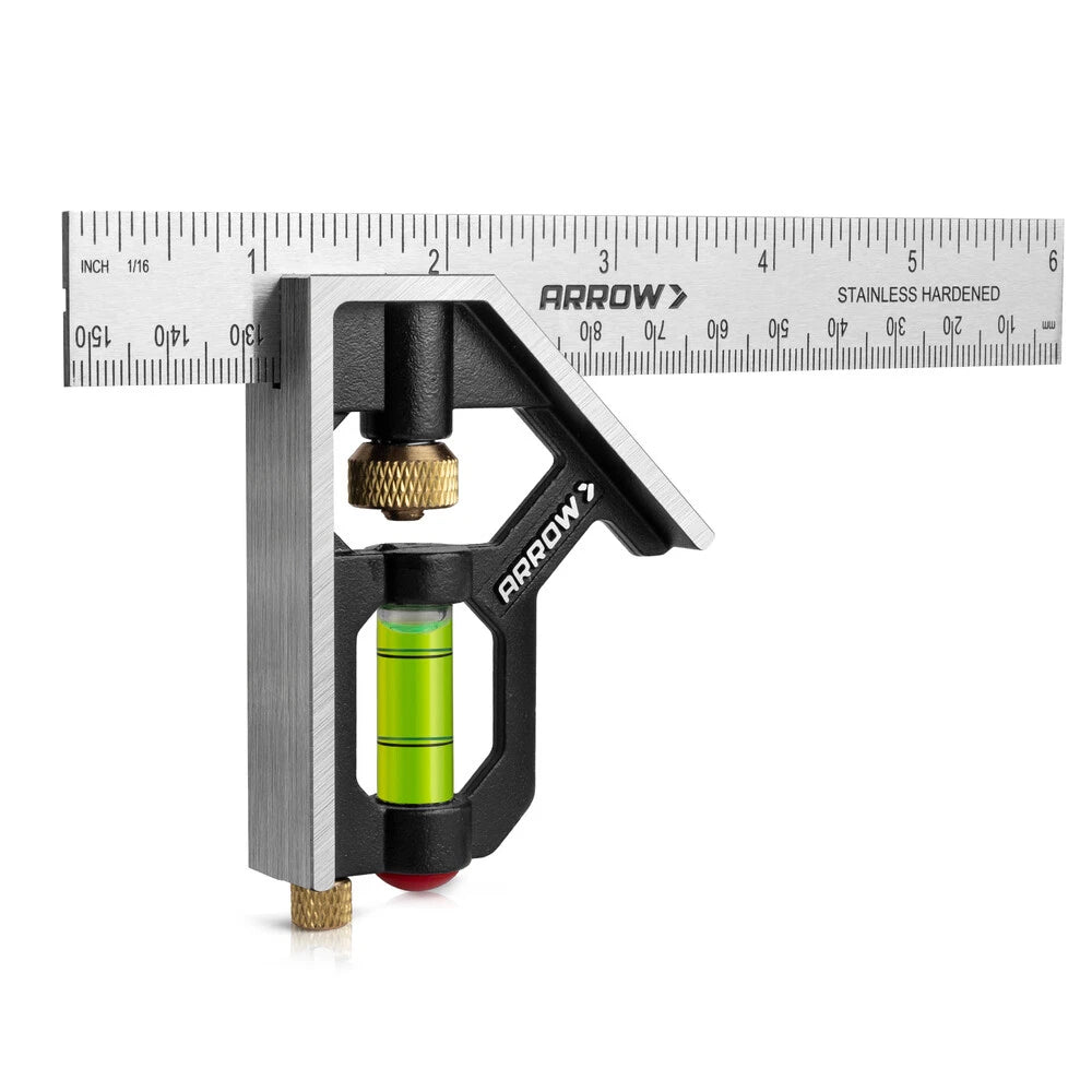 Arrow 6" Combination Square W/Bubble Level Stainless Steel Ruler Zinc Alloy Body