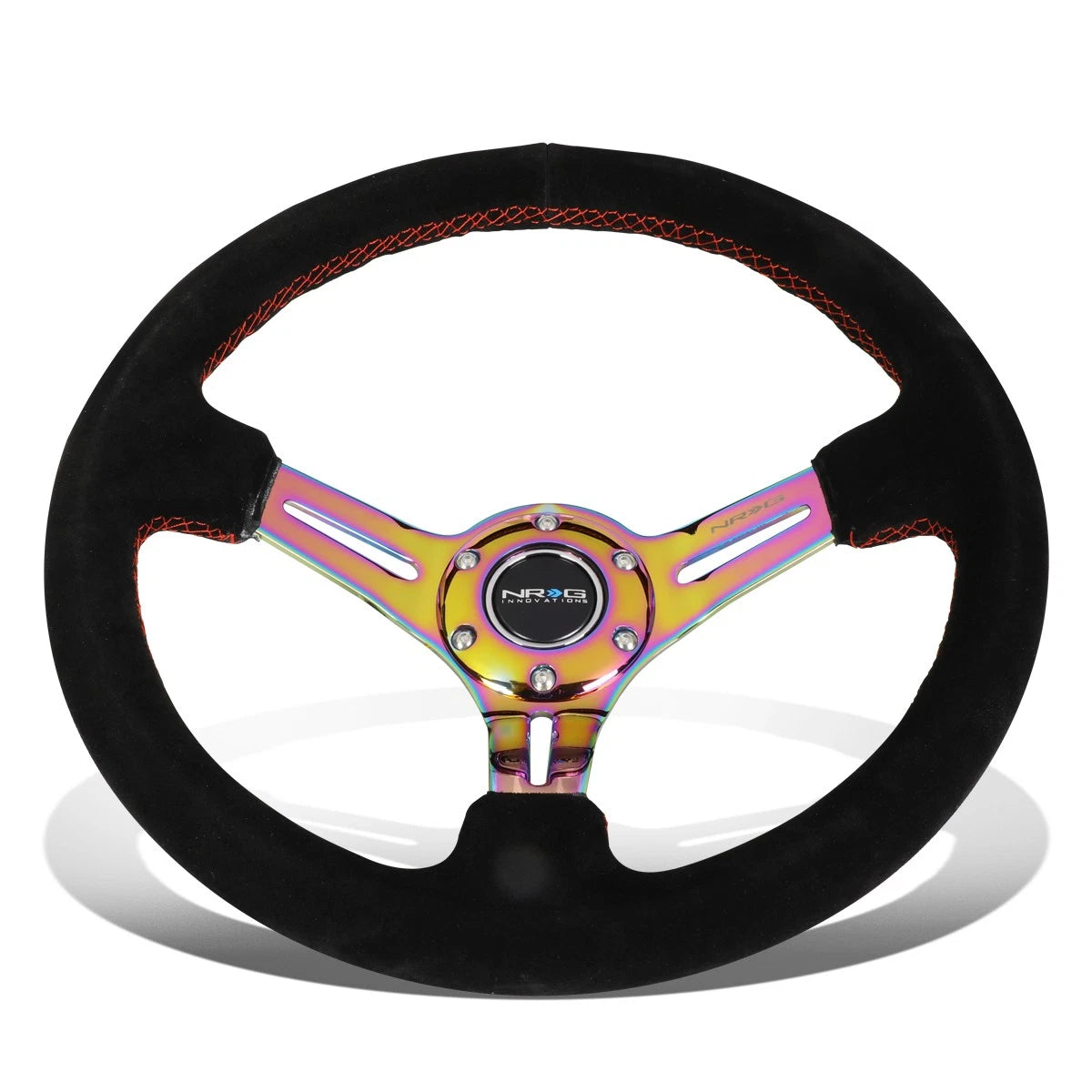 Nrg Reinforced 35cm 3"deep Dish Neo Chrome Spoke Suede Red Stitch
