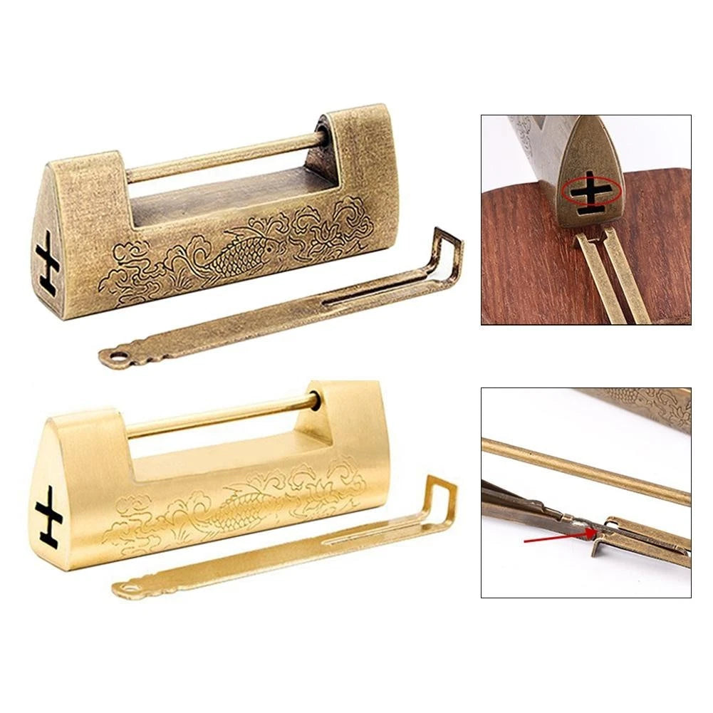 Brass Padlock With Vintage Chinese Engravings For Jewelry Boxes And