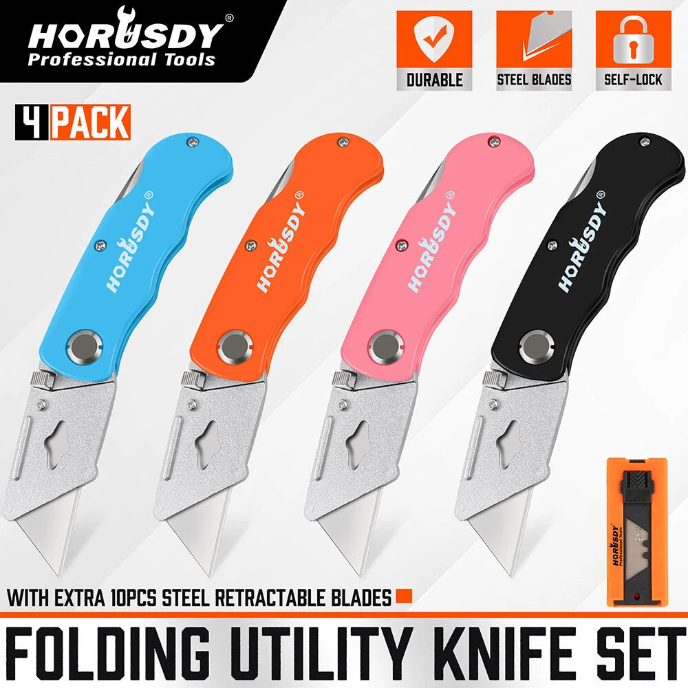 Folding Utility Knife Set Lockback Safe 10 Blades Quick Change Box