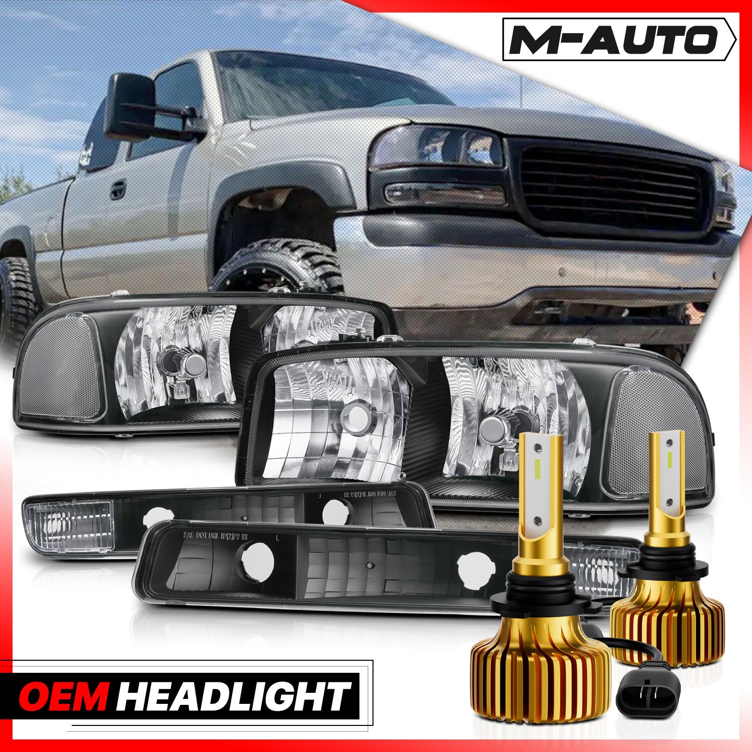 Pair Black Headlight+Bumper w/6500K LED Bulbs for 1999-
