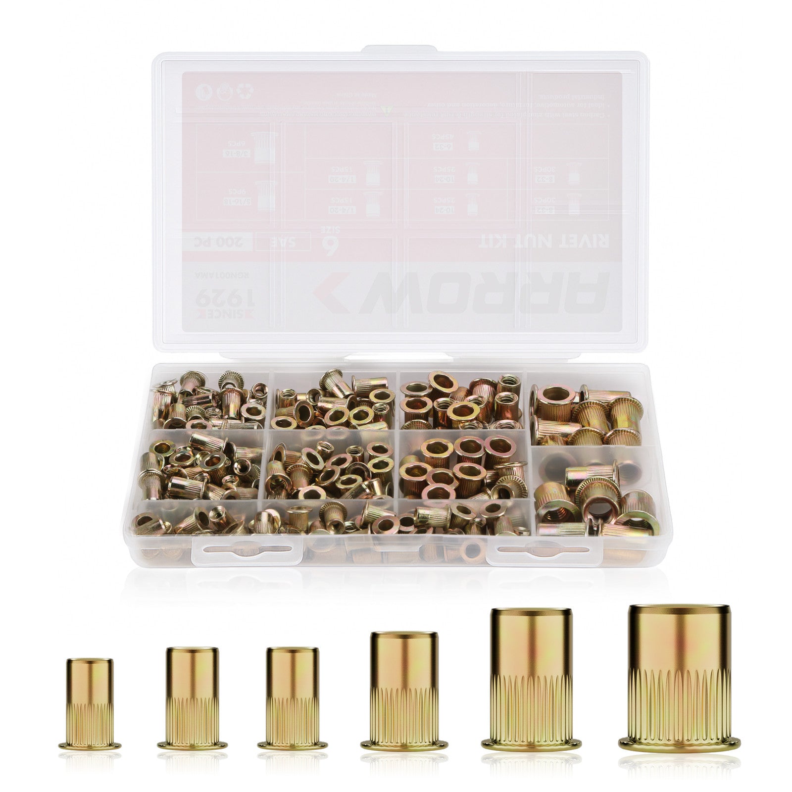 Arrow 200PC Rivet Nut Kit Rivnut Assortment Kit FlatHead Threaded