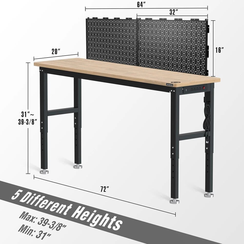 WORKPRO 72" Adjustable Workbench With 2PC 16"x32" Metal Pegboard Rubber Wood Top