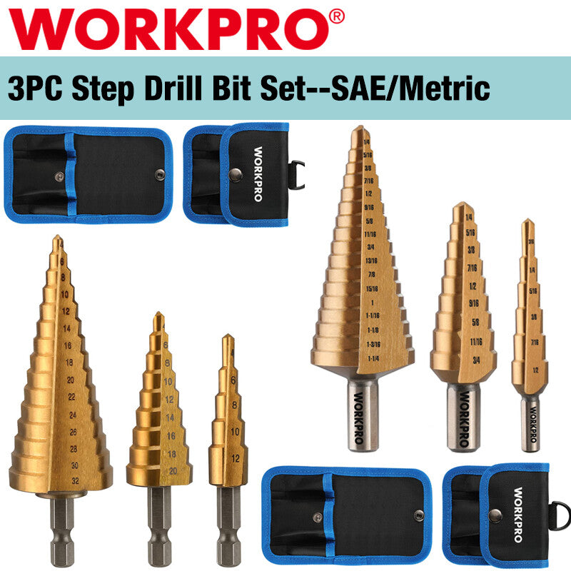 WORKPRO 3PC Step Drill Bit Set Steel Titanium Coated Drill Bits