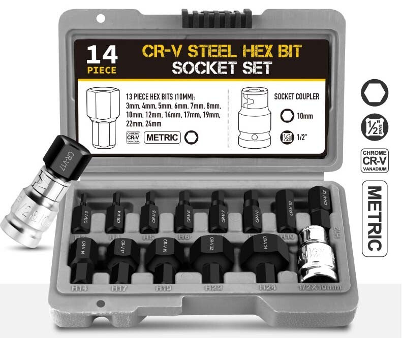 14PC Hex Allen Key 1/2" Drive Socket Bits Set 3-24MM