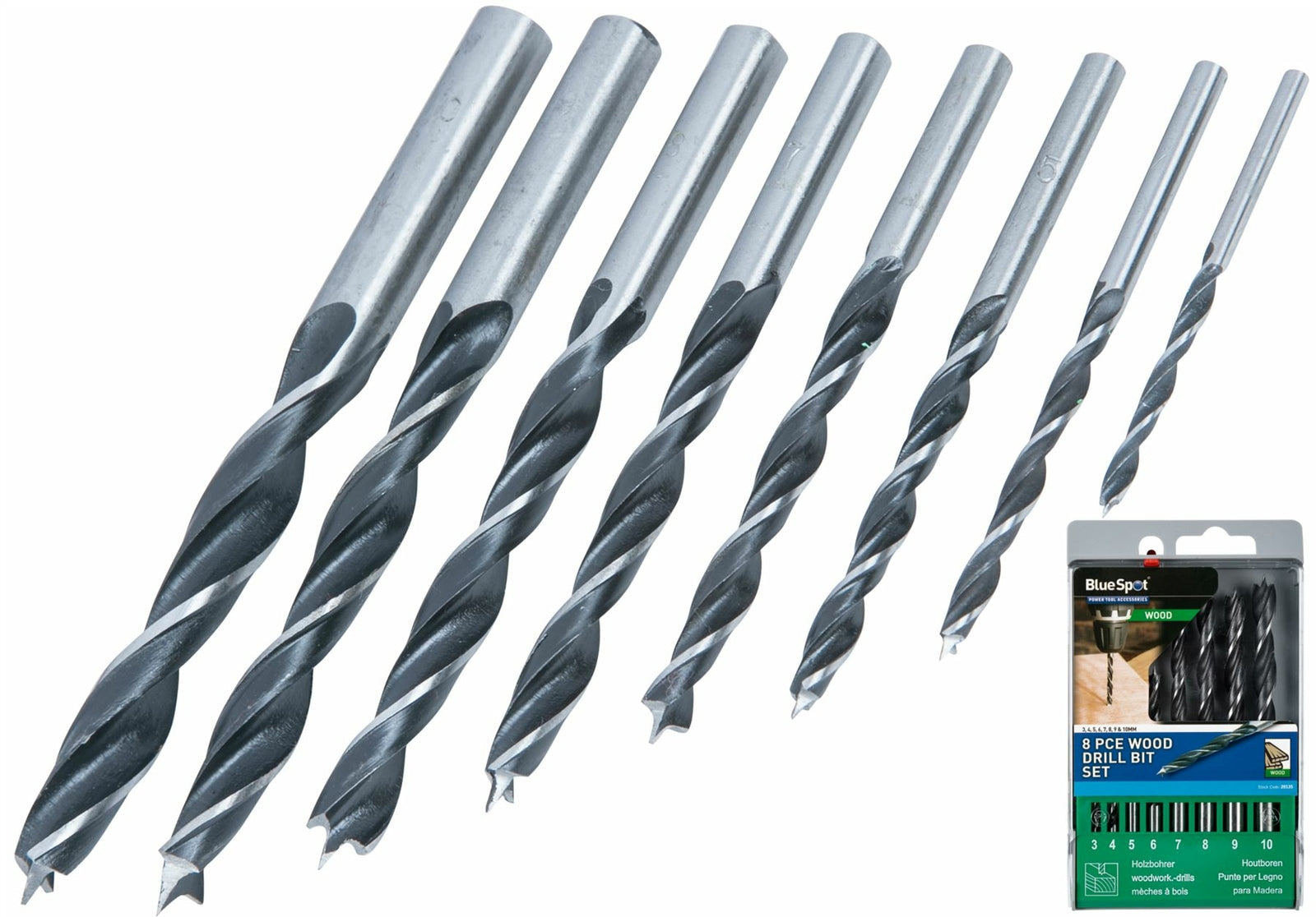 Bluespot 8PC Brad Point Wood Drill Bit Set 3, 4, 5, 6, 7, 8, 9 & 10MM