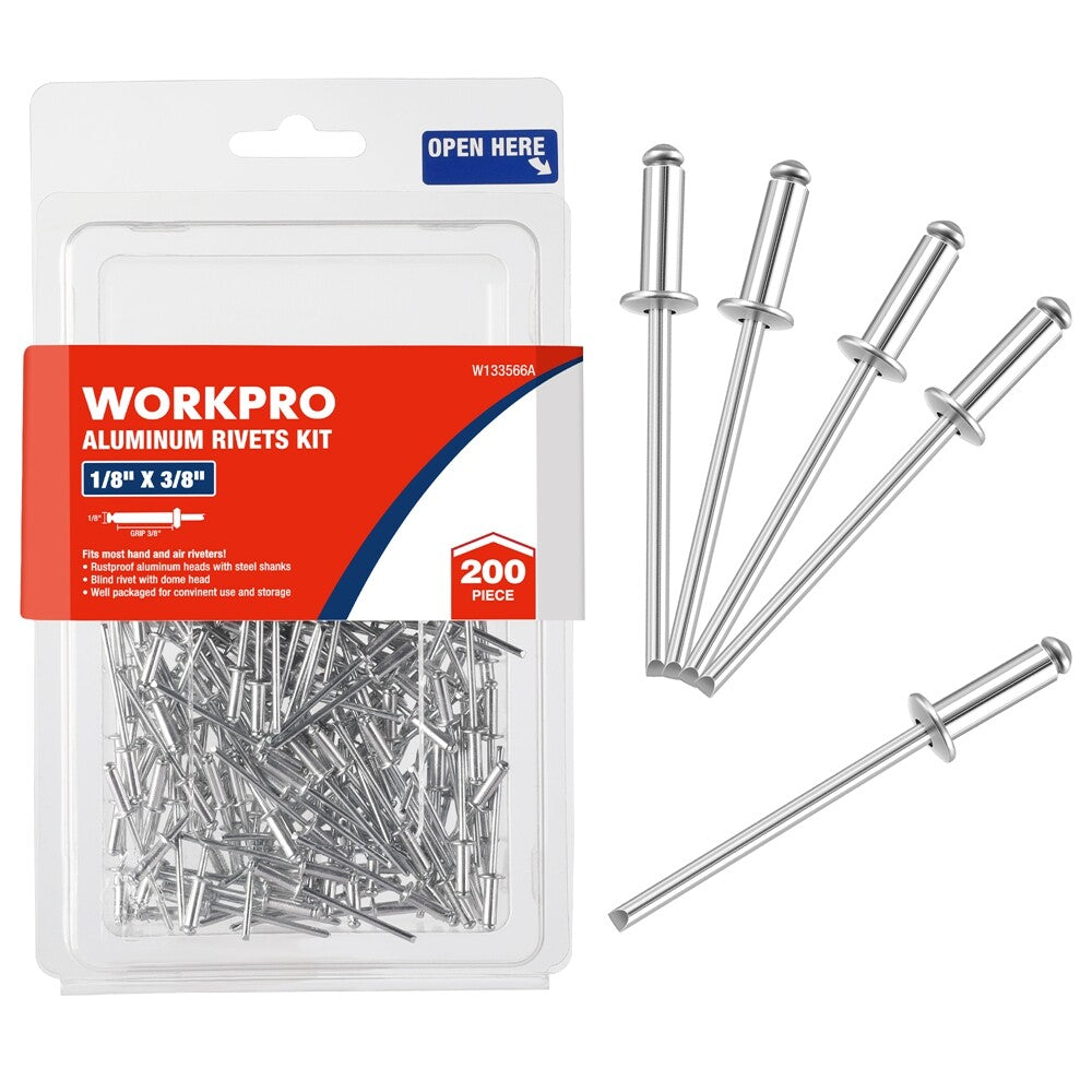 WORKPRO 200PC Aluminum Blind Rivets Steel Mandrel 1/8"x3/8" Pop Rivet