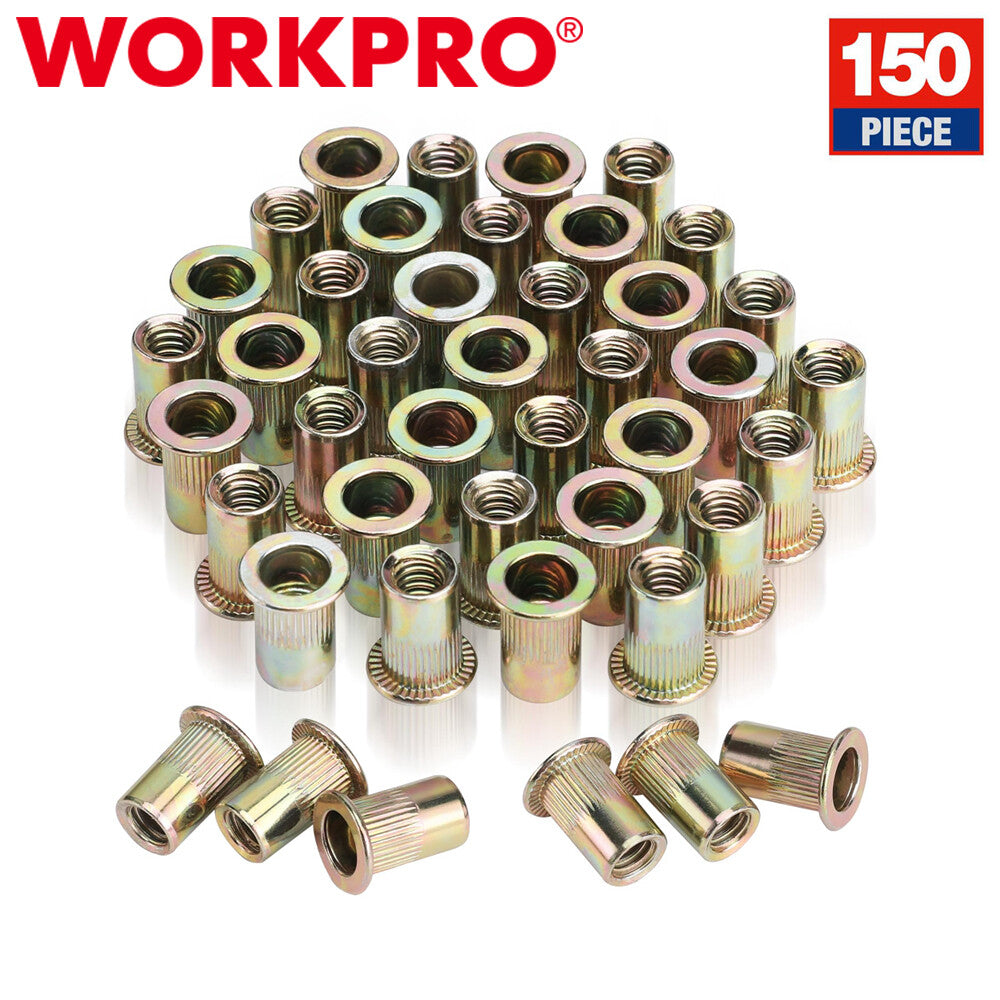 WORKPRO 150PC Rivet Nut 1/4"-20 Rivnut Zinc Plated Flat Head Threaded