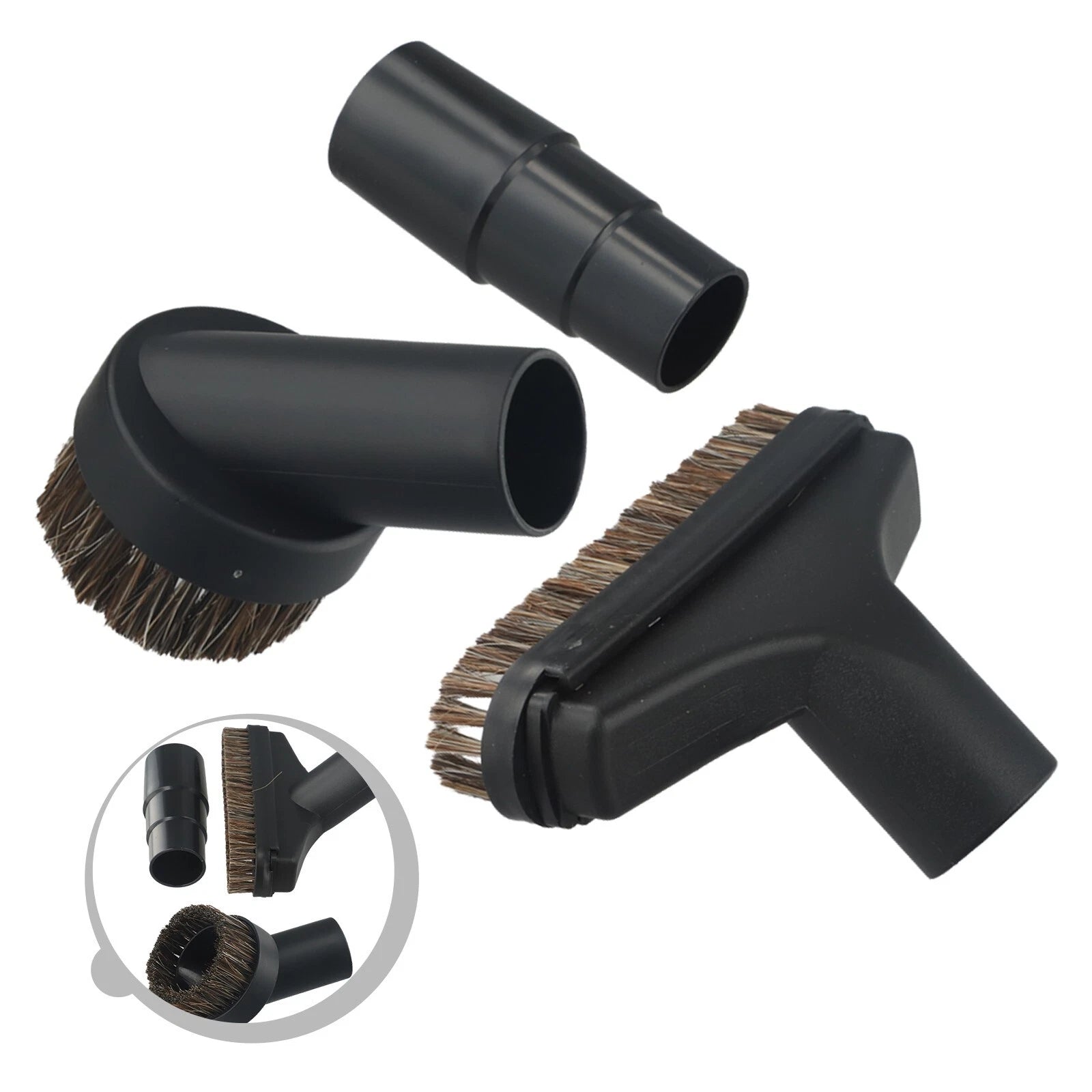 Set Horse Hair Round Dusting Brush Dust Attachment Vacuum Cleaner