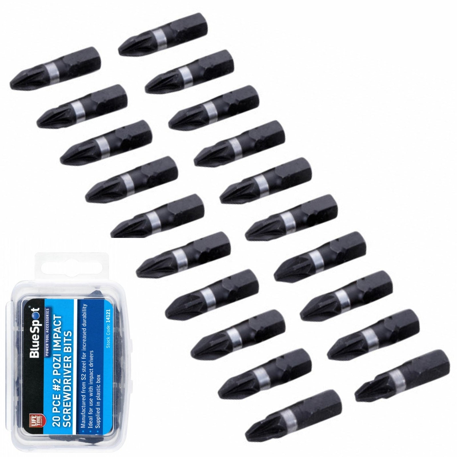 BlueSpot 20pc Impact Bit Set Drill Driver Screwdriver Bits 25mm PZ2 Pozi DriveOp