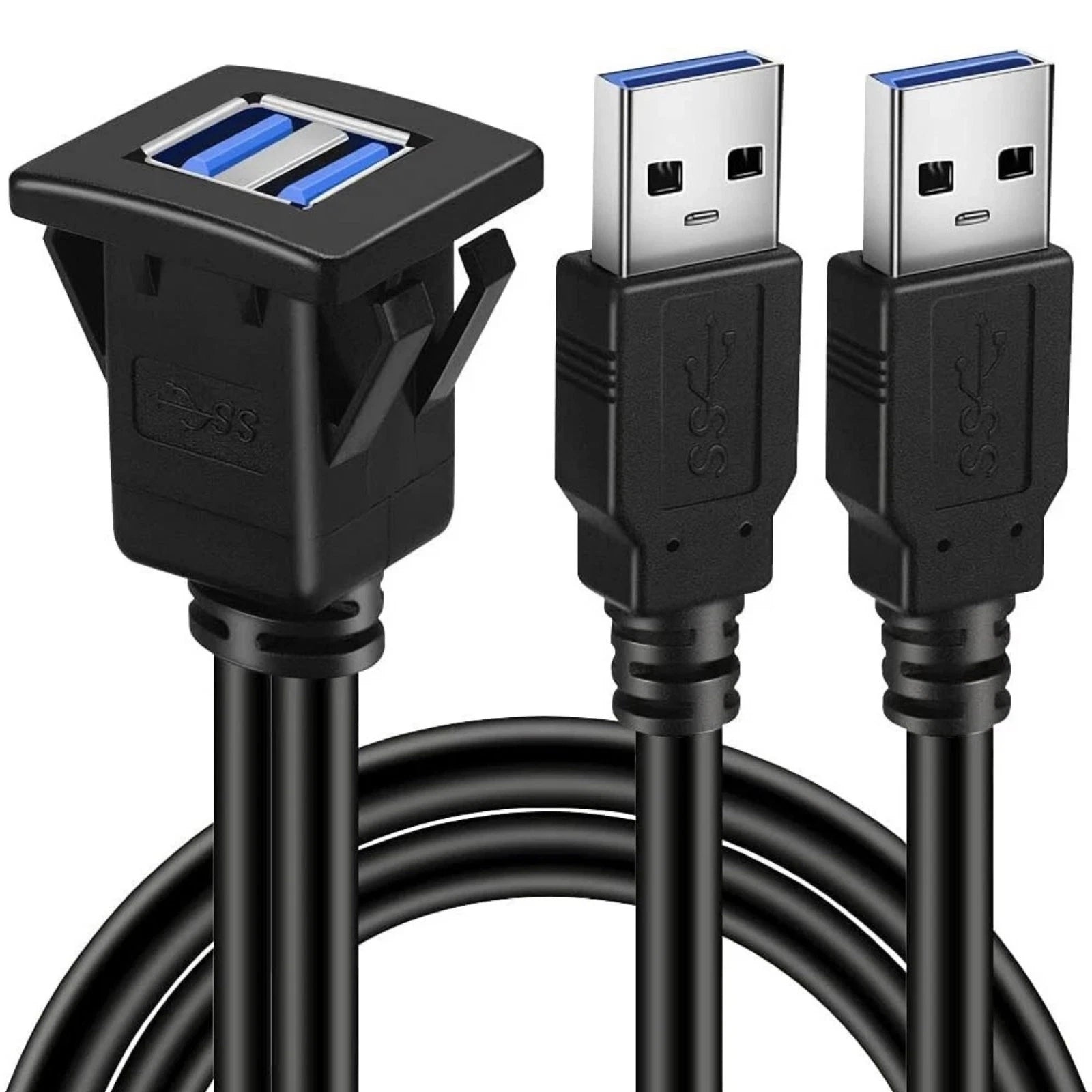 Square Usb 3.0 Flush Mount Panel Extension Cable Dual Port For Car