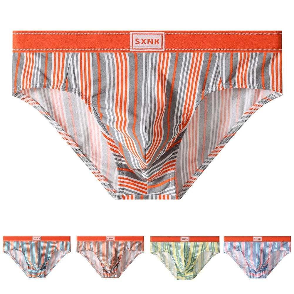 Mens Mid Waist Striped Underwear Briefs Bulge Pouch Lightweight