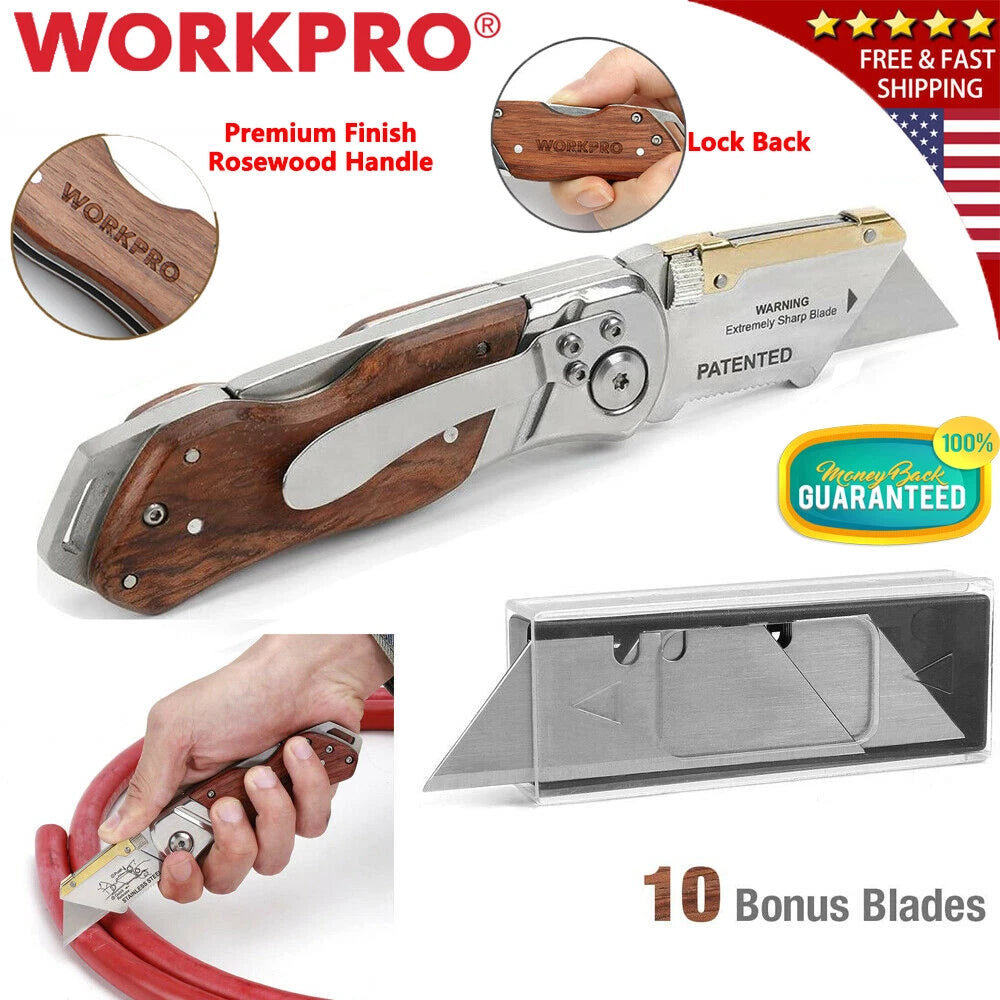 Workpro Folding Utility Knife Belt Clip Rosewood Handle Heavy Duty