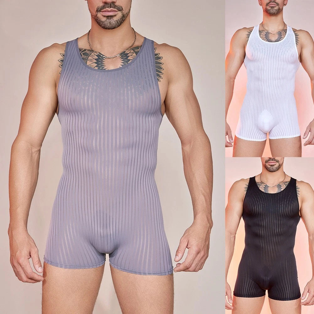 Stylish Striped Bodysuit For Men See Through Sleeveless Jumpsuit For