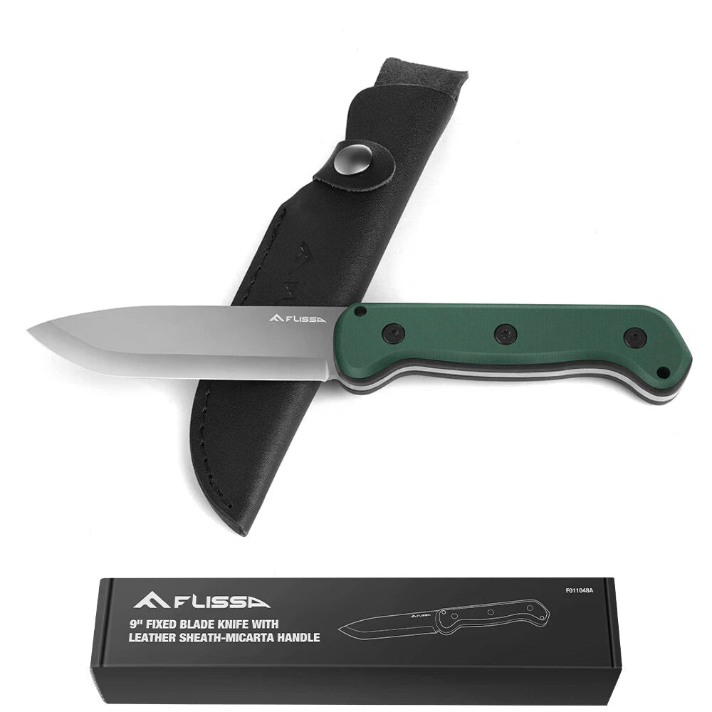 FLISSA 9inch Fixed Blade Knife Full Tang D2 Steel Hunting Knife w/Micarta Handle