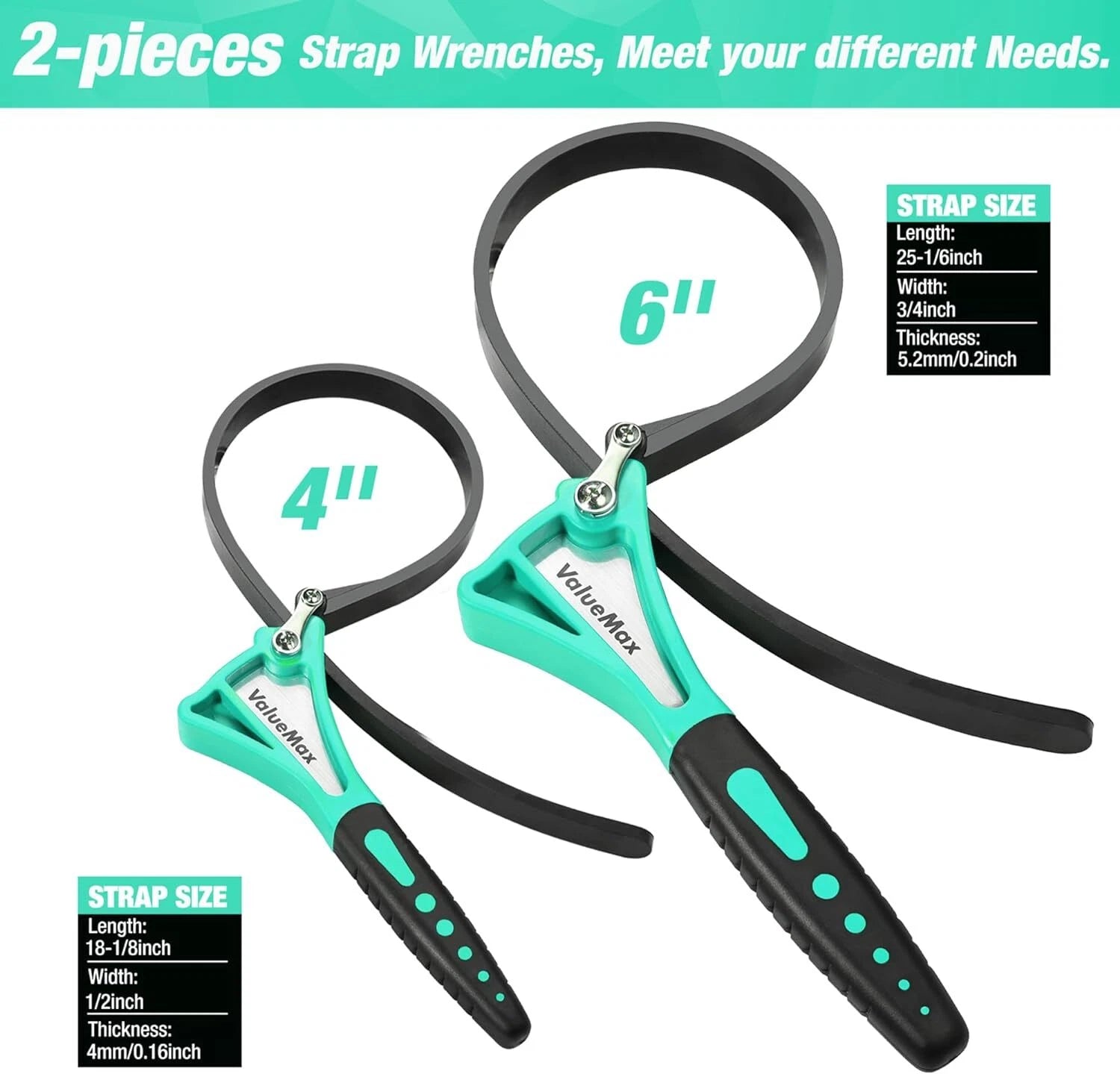 Valuemax 2-piece Strap Wrench Set Green 4"&6" Adjustable Oil Filter