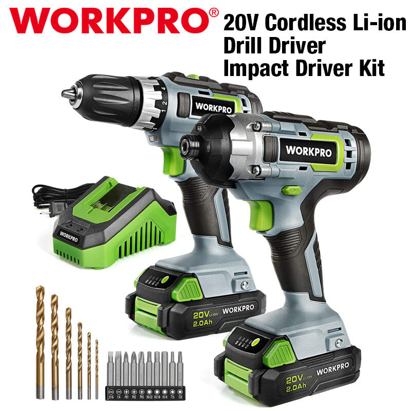WORKPRO 20V Cordless Drill Combo Kit with 2x 2.0Ah Battery