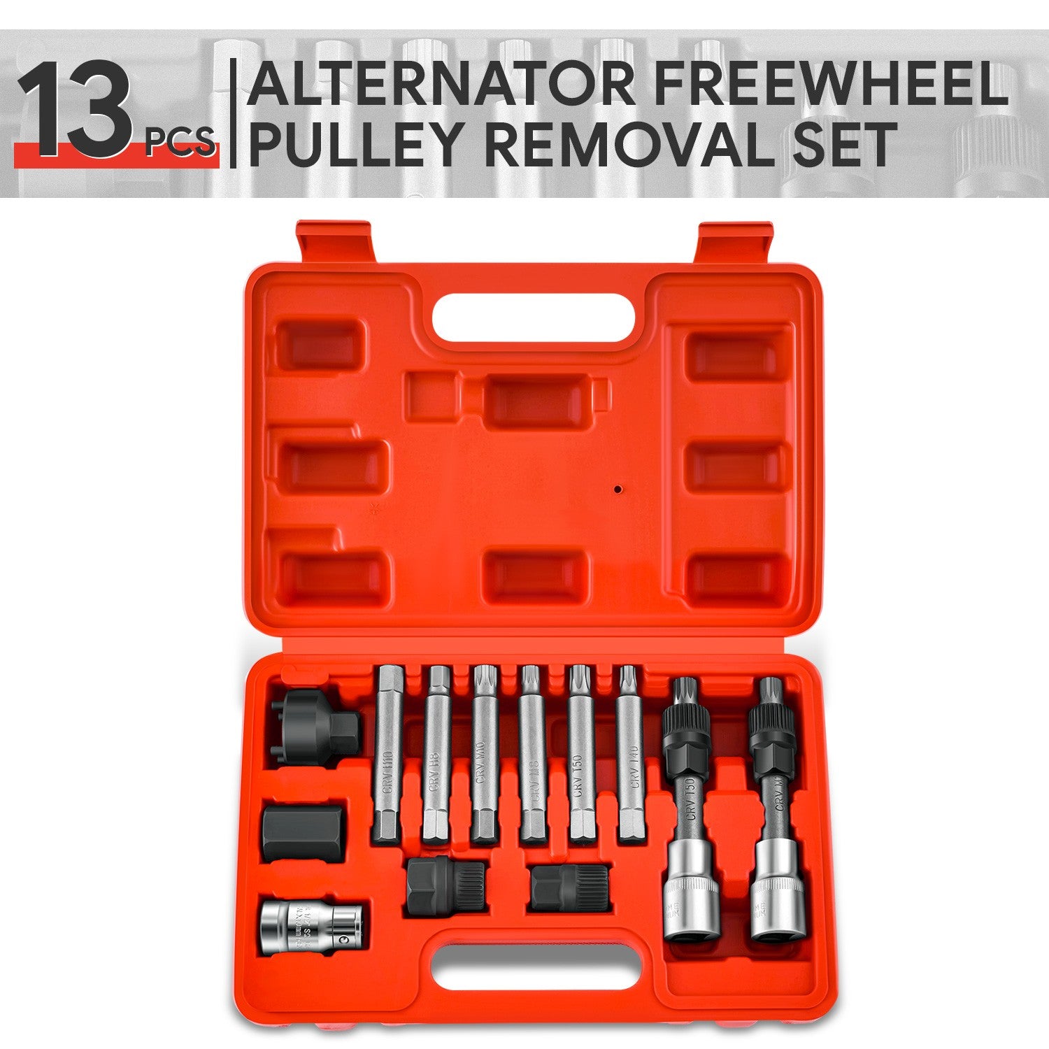 Red 13 Pcs Steel Alternator Freewheel Pulley Removal Set Kits Auto