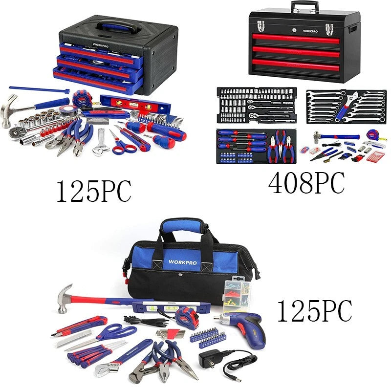 WORKPRO 408PC Mechanics Tool Set/125PC Household Tool Kit/Home Repair Basic Tool